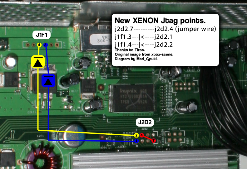 A image depicting a Xenon motherboard with wiring and diodes