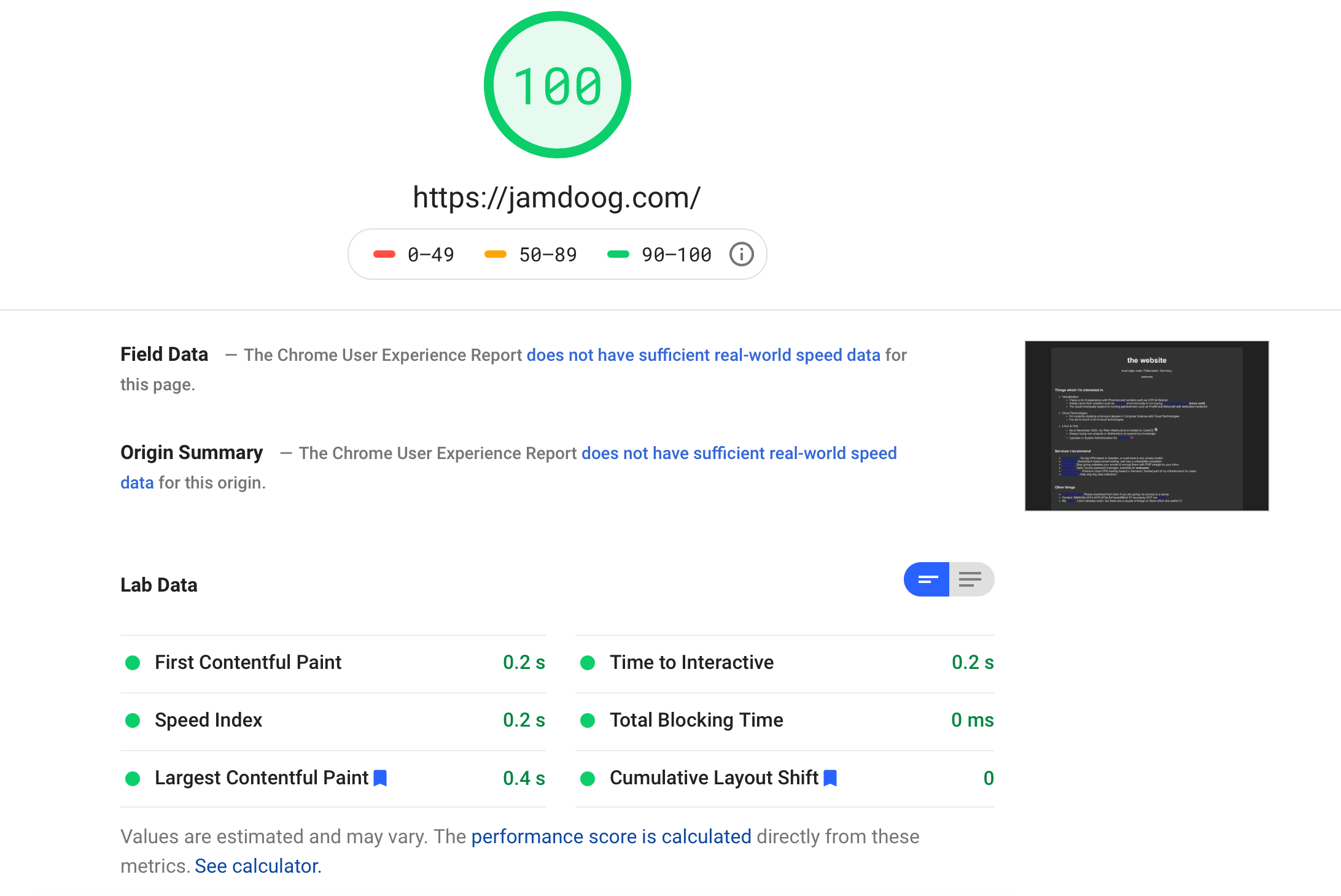 Google PageSpeed - Desktop test image. Image depicts a score of 100 and speed index of 0.2 seconds.