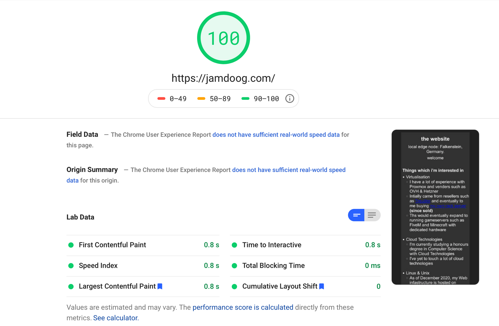 Google PageSpeed - Mobile. Image depicts a loading time of 0.8 seconds.