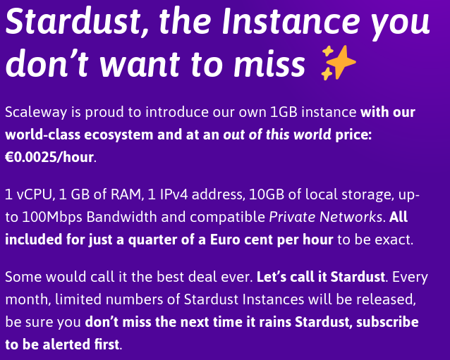 A wall of text from Scaleway's page on Stardust