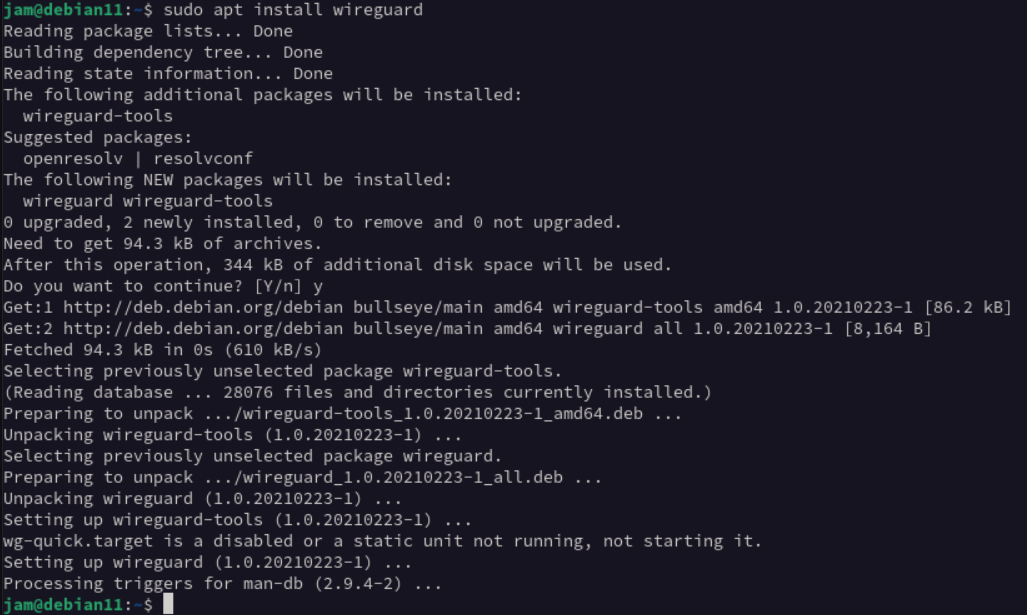 An image of the output from wireguard install