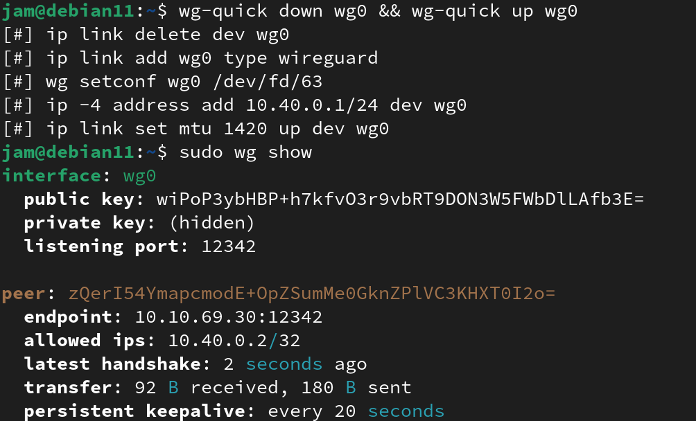 An image of 'wg show' depicting an active tunnel between the two peers